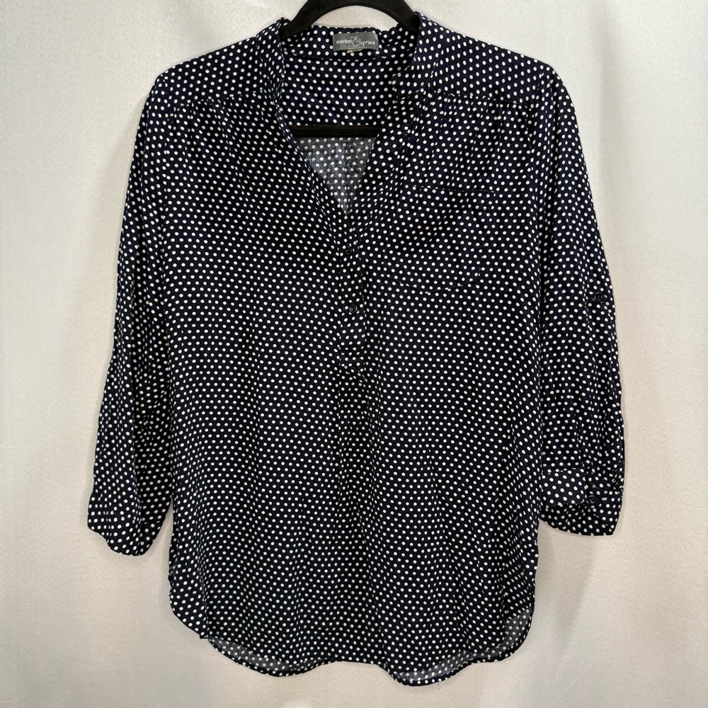 Market & Spruce Women’s Blouse Medium Navy White Polka Dot 3/4 Sleeve